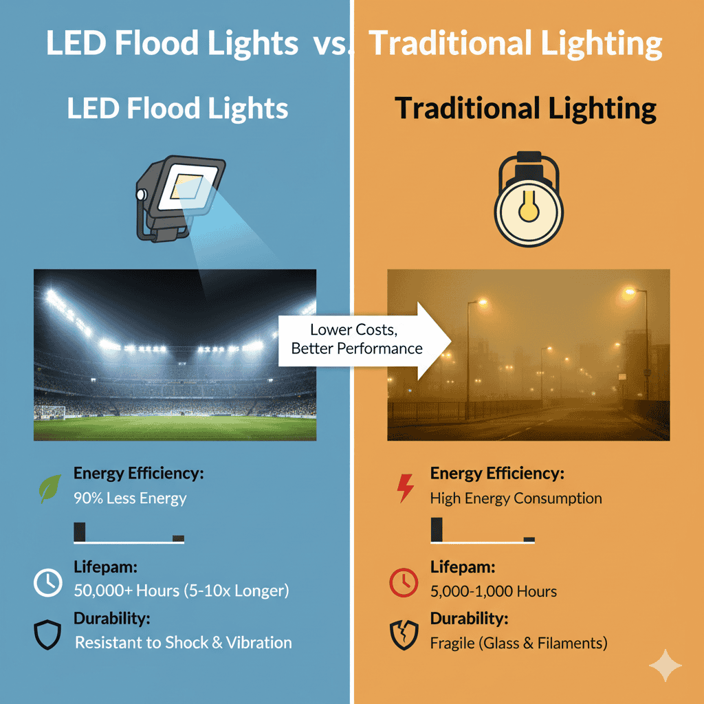 led flood lights vs traditional lighting infographic