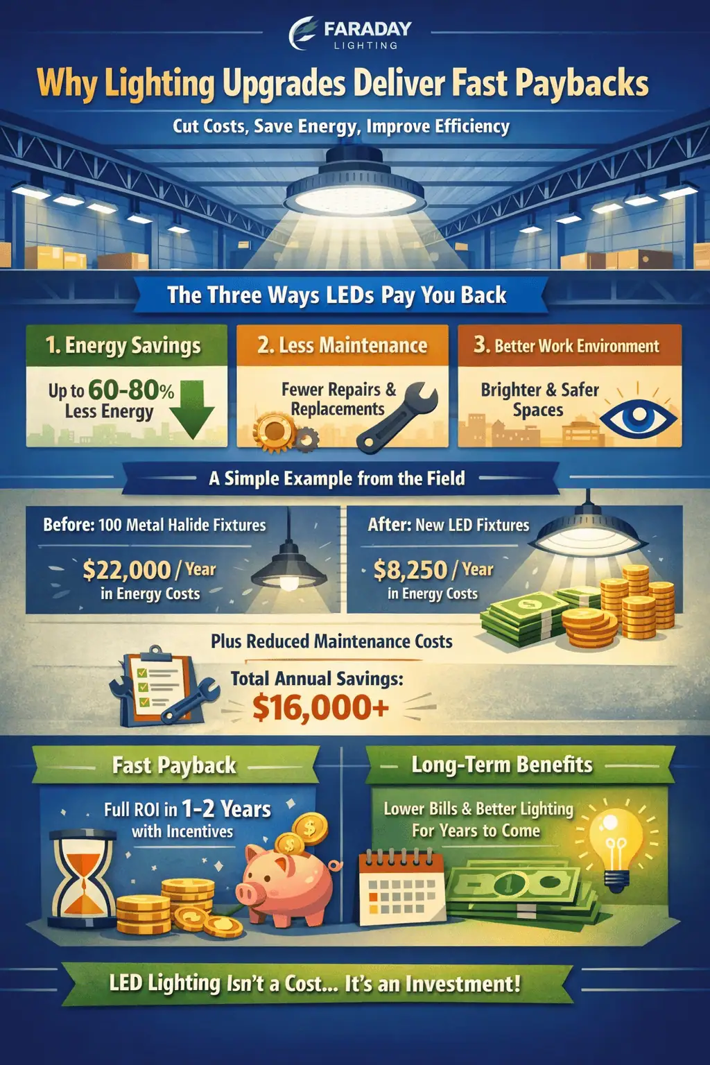 Infographic showing how LED lighting retrofits reduce energy costs, maintenance expenses, and deliver fast ROI for Canadian facilities