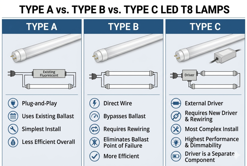 infographic comparing type a vs type b vs type c led t8 lamps